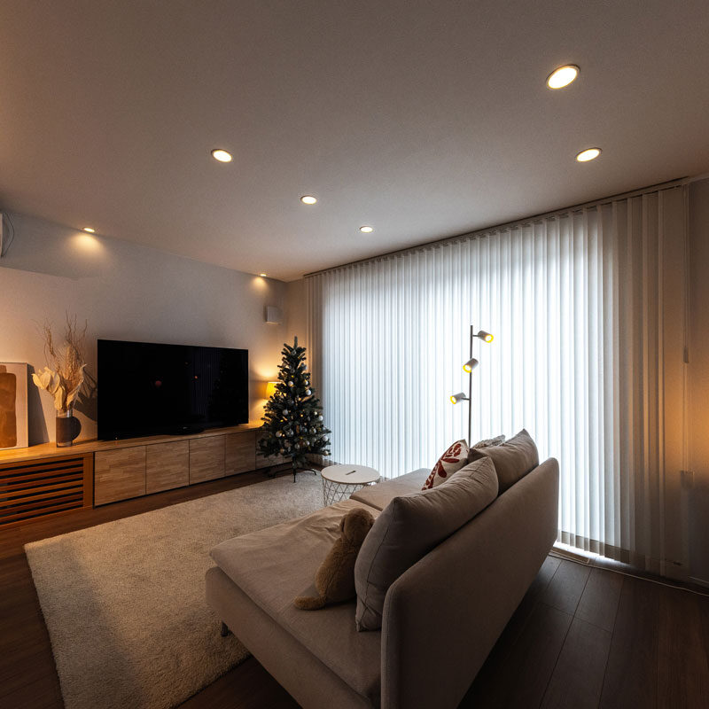 自然光の差し方にも気を配り、陰影の美しいバーチカルブラインドを採用した。天井付けタイプのため縦の広がりが強調され、空間が広く感じられる。